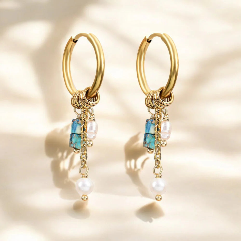 Golden Turquoise Bloom Drop Hoop Earrings
