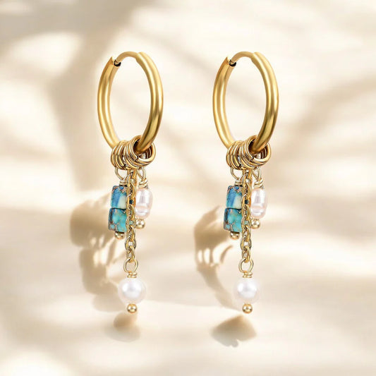 Golden Turquoise Bloom Drop Hoop Earrings